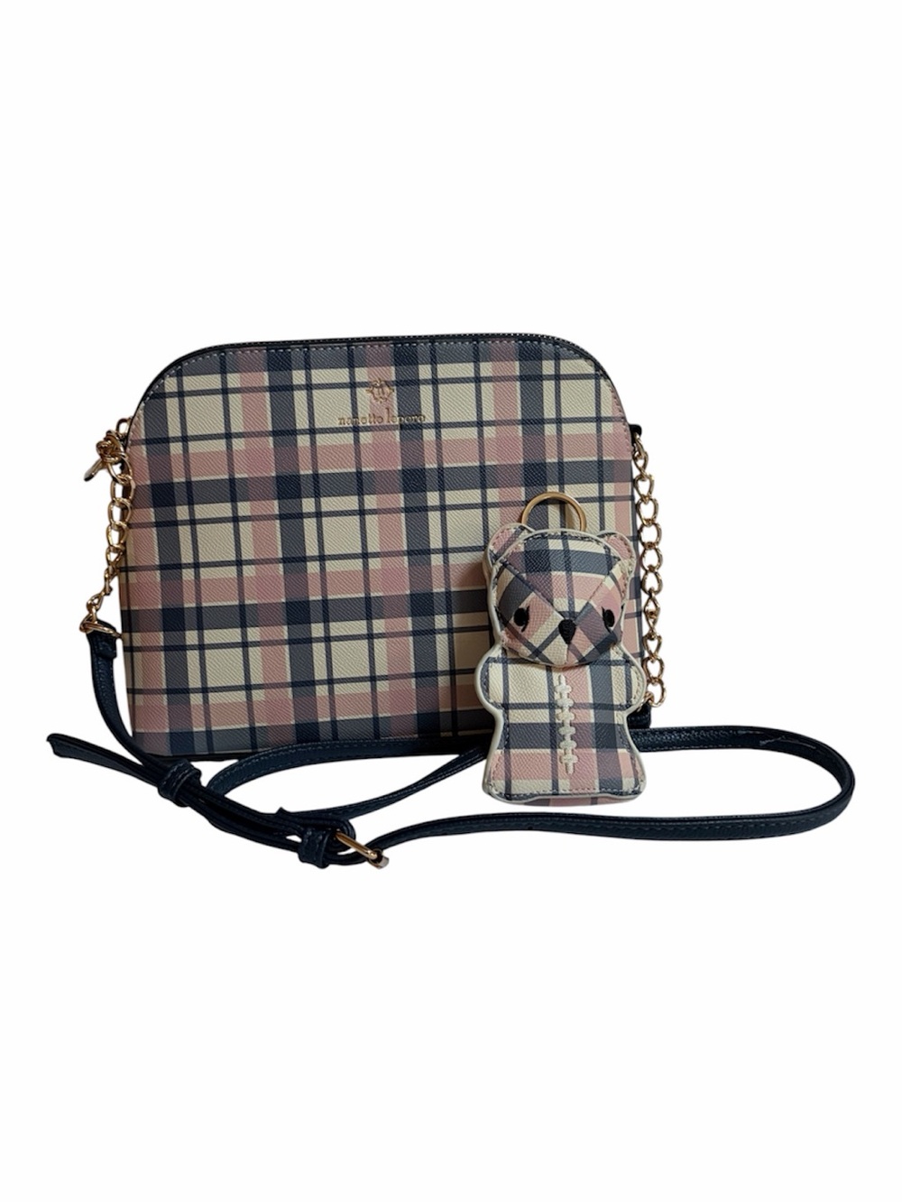 NWOT Nanette Lepore Pastel Multi Plaid Dome Crossbody Handbag + Bear Charm